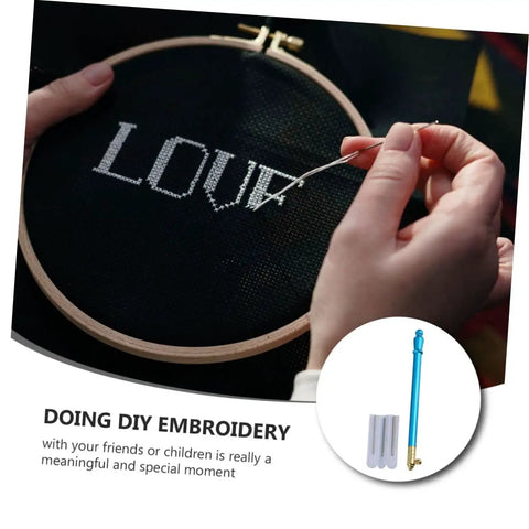 Person using Beginner Friendly Embroidery Hook Needle Set With Non Slip Metal Handle Punch Needle Kit on fabric hoop
