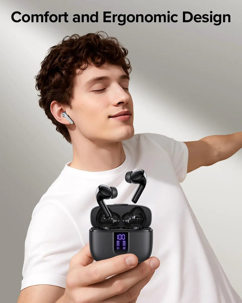 True Wireless Bluetooth Earbuds With 60 Hours Of All Day Juice And Dual Led Power Display Featuring IPX5 Waterproof Rating Portable Wireless Charging Case Built In Microphone For Phone Laptop And Gym Workouts Total Game Changer in a man's hand showing ergonomic design.
