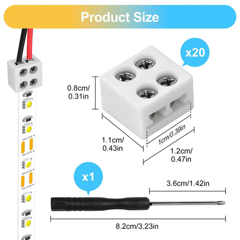 20 Pack Solderless Led Strip Connectors 2 Pin 10 Mm Screw Lock Tape Light Adapter item sizes with screwdriver for wire and strip connections.