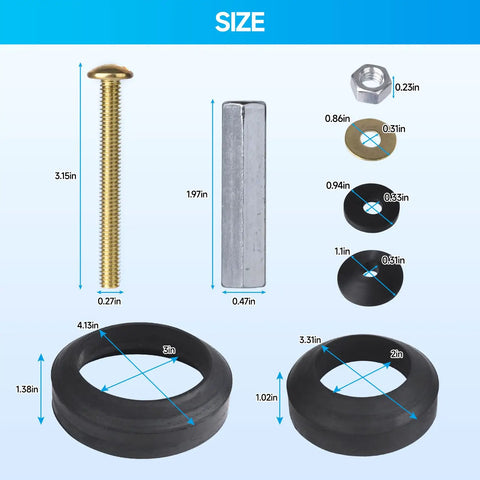 Heavy Duty Toilet Tank To Bowl Gasket Kit With Three Sets Of Stainless Steel Bolts Universal Fit For Two Piece Toilets Easy Install size measurements and components