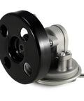 Front view of automotive vacuum pump with black pulley and metal body.