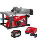 Heavy Duty 15 Amp Corded Table Saw Featuring 24.5 Inch Rip Capacity And Brushless Motor With Rack And Pinion Fence System, shown with battery and charger.