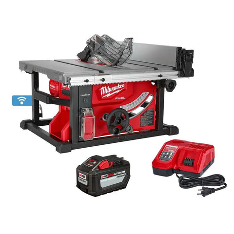 Heavy Duty 15 Amp Corded Table Saw Featuring 24.5 Inch Rip Capacity And Brushless Motor With Rack And Pinion Fence System, shown with battery and charger.