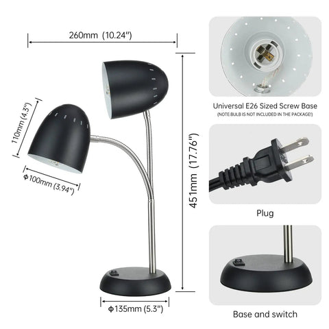 Eye Friendly LED Desk Lamp With Flexible Gooseneck And E26 Screw Base, Durable Metal Construction, Anti Slip Base, Black
