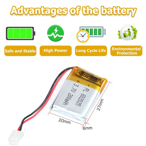 3.7V 200mAh 602025 LiPo Battery Pack With PH2.0 JST Connector for micro RC drones showing advantages