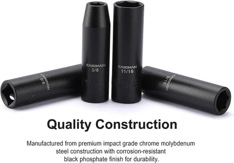 Three chrome vanadium sockets from Eleven Piece Deep Impact Socket Set With One Half Inch Drive SAE Three Eighths To One Inch Six Point Flank Drive