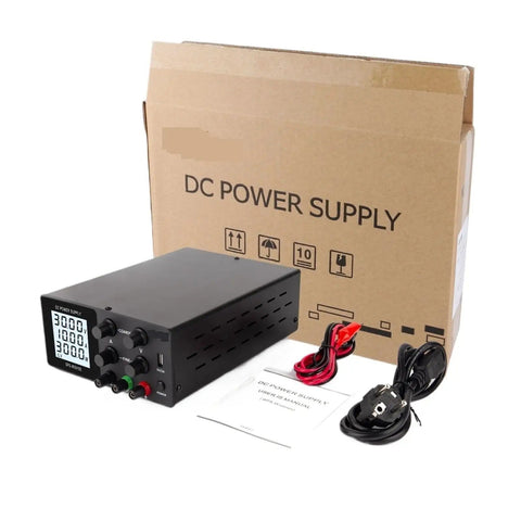 Beefy Adjustable Lab Power Supply 30V 10A With Built In Fan And Low Ripple Safe Overvoltage Overcurrent Protection Compact 220V AC Unit shown with packaging and cables