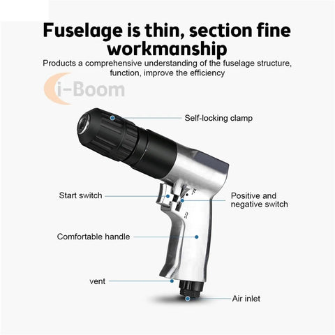 Beast 3/8 Inch Pistol Grip Pneumatic Drill with 1/4 NPT Connection and 1800 RPM Speed showing start switch and comfortable handle.