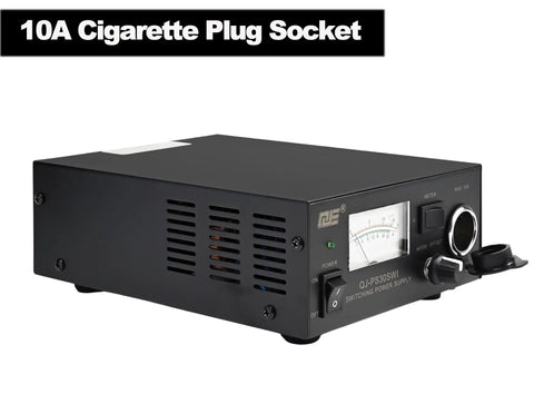 Beefy 13.8V 30A Bench Switching Power Supply for Ham Radios with cigarette plug socket and analog display in black casing