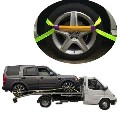 Beefy Heavy Duty Ratchet Tie Downs Straps With Double J Hook securing SUV on trailer, 2 Inch by 13 Ft long, yellow 4 pack