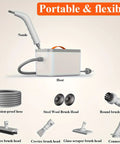 Premium Handheld Steam Cleaner For Crushing Gnarly Messes Off Tile Floors Kitchen Counters Car Interiors And Stubborn Bathroom Residue Quick Heat Up White with flexible nozzle and various brush heads.