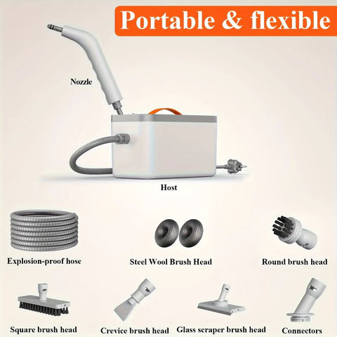 Premium Handheld Steam Cleaner For Crushing Gnarly Messes Off Tile Floors Kitchen Counters Car Interiors And Stubborn Bathroom Residue Quick Heat Up White with flexible nozzle and various brush heads.