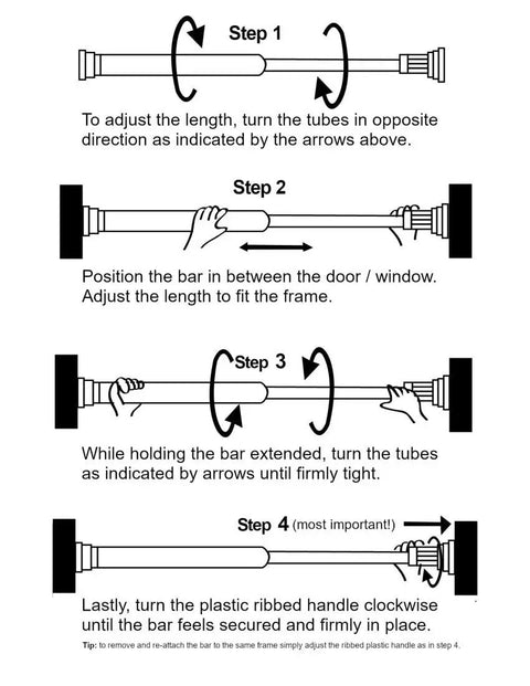 Installation steps for Four Pack Adjustable Telescoping Window Security Bars Extends From 17 To 27 Inches with diagrams.