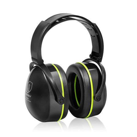 Industrial Hearing Protection Earmuffs With 31 dB Noise Reduction For Construction Woodworking Lawn Mowing And DIY Projects Ultra Soft Memory Foam Cushions Adjustable Foldable Design For All Day Comfort. Black earmuffs with green accents.