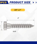 Heavy Duty Lag Screws Kit 50 Pcs 3/8 X 2 Inch Hex Head Lag Bolts With Flat Washers Stainless Steel 304 Rust Resistant
