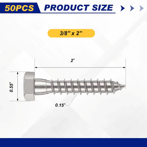 Heavy Duty Lag Screws Kit 50 Pcs 3/8 X 2 Inch Hex Head Lag Bolts With Flat Washers Stainless Steel 304 Rust Resistant