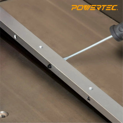 Crosscut Sled Miter Bar Kit for Table Saw and Router Table, 3/4 x 3/8 Inch, 30 Inch Length, being installed with screwdriver.