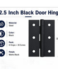 2.5 Inch Matte Black Door Hinges 6 Pack With Solid Steel Build, Square Corner, Built To Last Butt Hinge Hardware