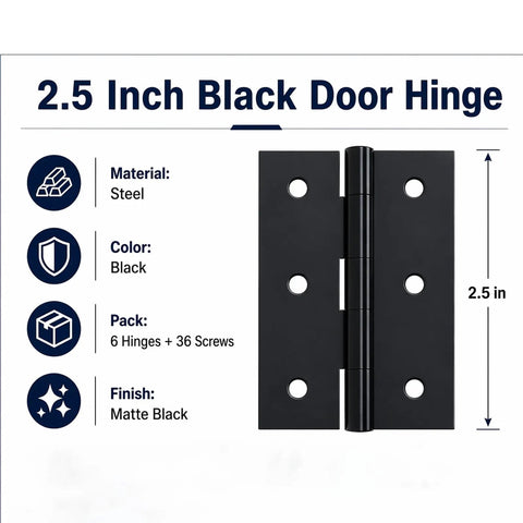 2.5 Inch Matte Black Door Hinges 6 Pack With Solid Steel Build, Square Corner, Built To Last Butt Hinge Hardware