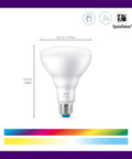 Smart 65W BR30 LED Light Bulbs That Connect to WiFi, E26 Smart Bulbs for Voice or App Control, Motion Activated With SpaceSense, 16 Million Colors, Matter Compatible, 2 Pack, white BR30 bulb with dimensions shown