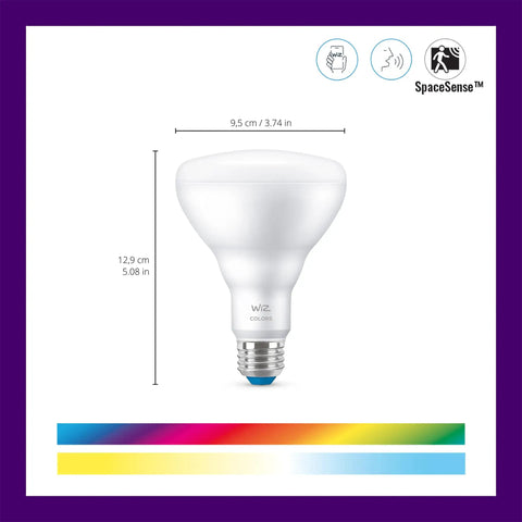 Smart 65W BR30 LED Light Bulbs That Connect to WiFi, E26 Smart Bulbs for Voice or App Control, Motion Activated With SpaceSense, 16 Million Colors, Matter Compatible, 2 Pack, white BR30 bulb with dimensions shown