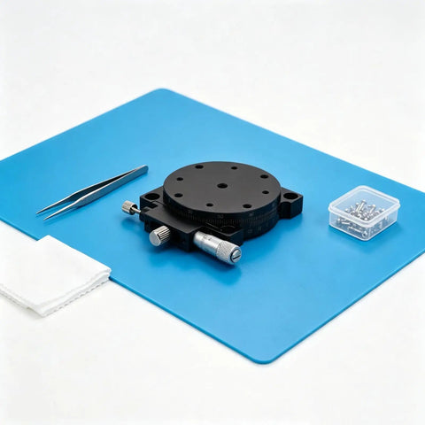 60Mm Manual Precision Rotation Stage Aluminum Platform R Shaft with tools on a blue mat for optical alignment projects.