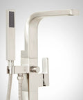 Close-up view of Hibiscus Straight Up Modern Freestanding Tub Faucet Forged From Solid Brass Featuring Integrated Hand Shower On Flex Hose.