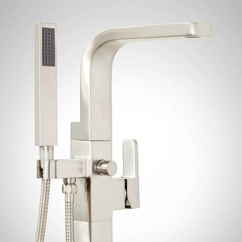 Close-up view of Hibiscus Straight Up Modern Freestanding Tub Faucet Forged From Solid Brass Featuring Integrated Hand Shower On Flex Hose.