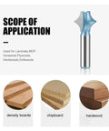 Cool Miter Frame Molding Router Bit With 12mm Or 1/2in Shank For Crafting Curved Wood Profiles And Shaping Decorative Edges Smoothly On Any DIY Project With Precision Cutting Power with different wood types shown.