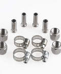 Two Pair Hose Swivel Nut Quick Disconnect Fittings With Three Sixteenth And Five Sixteenth Barb In Beefy Stainless Steel Heavy Duty One Quarter Inch MFL For Homebrewing Includes Four Free Worm Clamps, fittings and clamps laid out