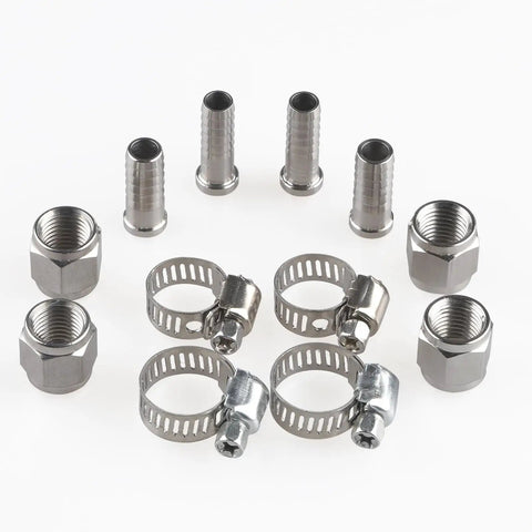 Two Pair Hose Swivel Nut Quick Disconnect Fittings With Three Sixteenth And Five Sixteenth Barb In Beefy Stainless Steel Heavy Duty One Quarter Inch MFL For Homebrewing Includes Four Free Worm Clamps, fittings and clamps laid out