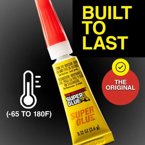 Clear Instant Bonding Glue With Precision Tip For Wood Metal Plastic And Ceramics 12 Pack 2 Gram Tubes Fast Dry Cyanoacrylate Adhesive For Diy Projects Crafts Repairs And Toys, yellow tube with red cap, built to last text