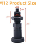 Top Shelf M12 Ball Nose Spring Plunger With Self Locking Adjustment Knob, size markings for M12 product dimensions.