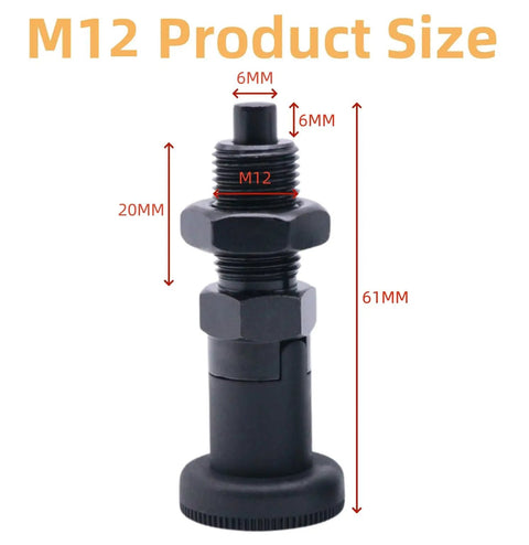 Top Shelf M12 Ball Nose Spring Plunger With Self Locking Adjustment Knob, size markings for M12 product dimensions.