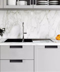 Modern kitchen with Hidden Black Drawer Pulls With Embedded Design For Sleek Cabinets, 4.72 inch durable zinc and aluminum handles.