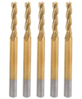 Front view of 5-piece tungsten steel end mills with 3 flutes and silver shanks, gold coating visible