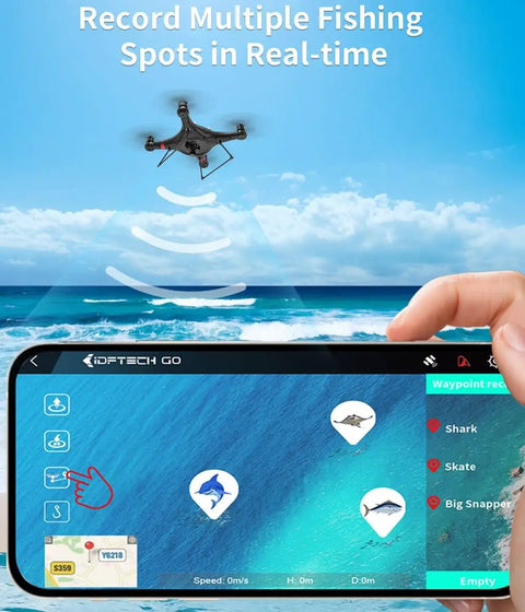 Beast Of A Heavy Lift Fishing Drone With 3 Kg Payload And Bait Release hovering above sea, controlled via smartphone app with GPS mapping.