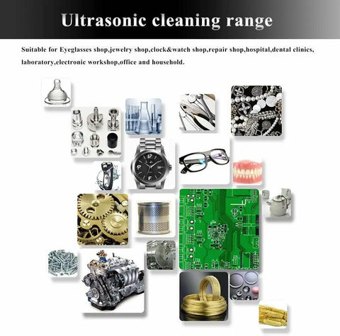 Ultrasonic cleaning range image with eyeglasses, jewelry, auto parts, and dental tools for Top Tier Ten Liter Ultrasonic Cleaner With Fast Heat And Digital Timer Pro Grade Forty KHz Slick Stainless Steel Degreaser That Knocks Out Grease No Sweat For Tools Auto Parts Glasses Dentures Lab Gear.