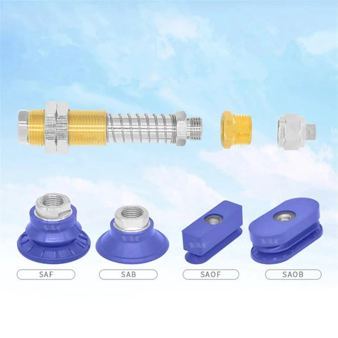 Heavy Duty Vacuum Pad Industrial Manipulator Clamp Adaptor Fitting FSTE AG25 AG75 G1/4 components showing SAF, SAB, SAOF, SAOB fittings.