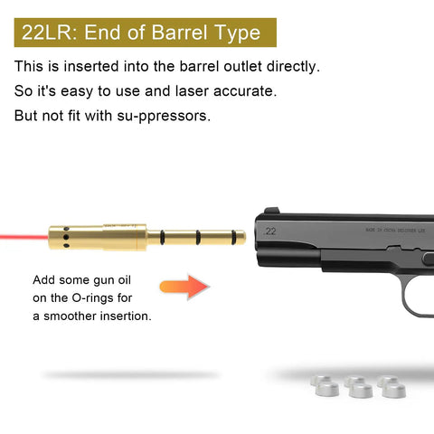 Laser Bore Sighter Kit For 22LR And 9mm Calibers, Red Dot Alignment Tool next to firearm with insertion instructions