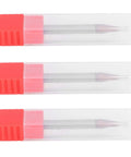 Three 4-flute tungsten carbide end mills in clear plastic tubes with red caps.