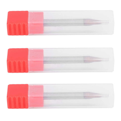 Three 4-flute tungsten carbide end mills in clear plastic tubes with red caps.