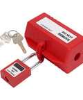 Rock Solid Industrial Power Plug Lockout Safety Box With Heavy Duty Padlock That Keeps 110V And 220V Cables Locked Down Tight On Any Rough Job Site Or Garage Workbench, featuring red plastic casing and padlock.