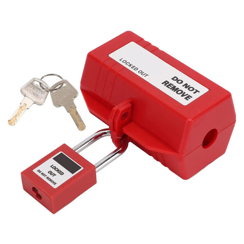 Rock Solid Industrial Power Plug Lockout Safety Box With Heavy Duty Padlock That Keeps 110V And 220V Cables Locked Down Tight On Any Rough Job Site Or Garage Workbench, featuring red plastic casing and padlock.