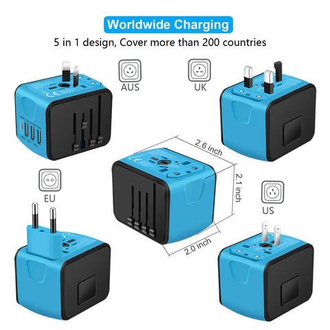 Worldwide Travel Adapter with 2.4 Amp USB Charging and 3 USB A Ports plus USB C Fast Charge Universal Wall Charger.
