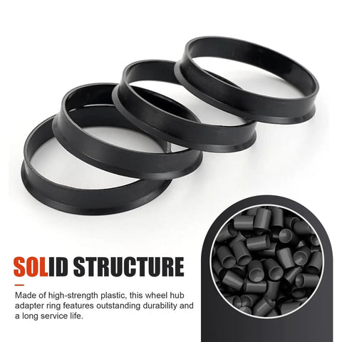 Sweet Four Piece Hub Centric Rings Convert 60MM Hub To 75MM Wheel Bore With Tough ABS Plastic showing four black rings.