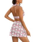 Back view of two piece swimsuit set for women with short skirt green leaves and pink flamingo floral print quick dry beachwear