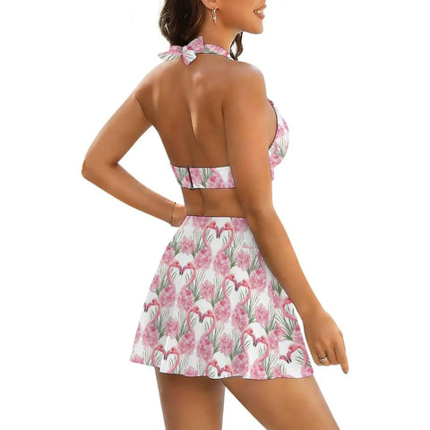 Back view of two piece swimsuit set for women with short skirt green leaves and pink flamingo floral print quick dry beachwear