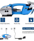 Easy Grip Cordless Electric Strapping Machine Automatic Hot Seal Pallet Bundler Battery Powered, showing quick charge and recycling features.
