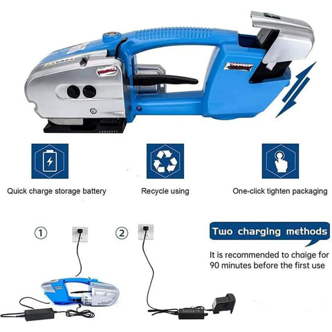 Easy Grip Cordless Electric Strapping Machine Automatic Hot Seal Pallet Bundler Battery Powered, showing quick charge and recycling features.